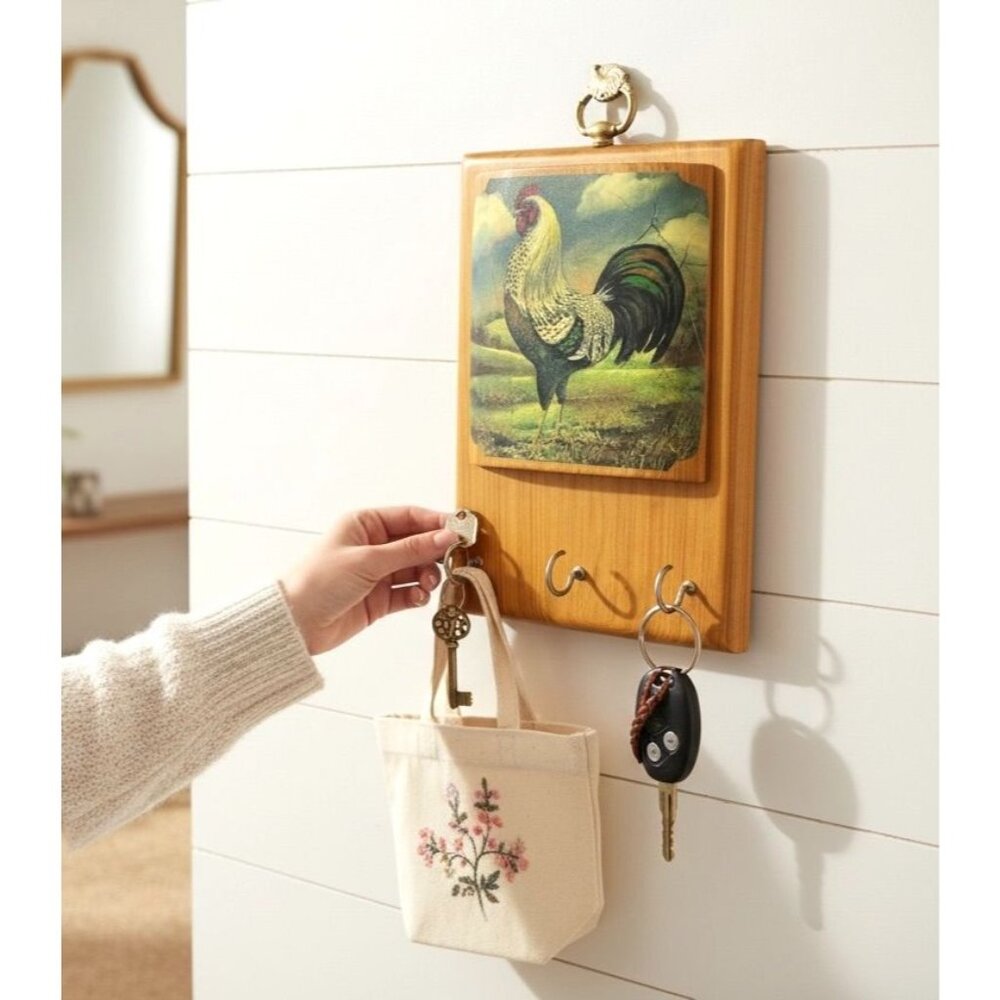 Vintage Wooden Wall Key Holder With Rooster Design & Top Hanger 3 Hooks